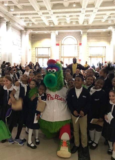 The Phillie Phanatic with students from Bache-Martin Elementary School and Russell Byers Charter School.